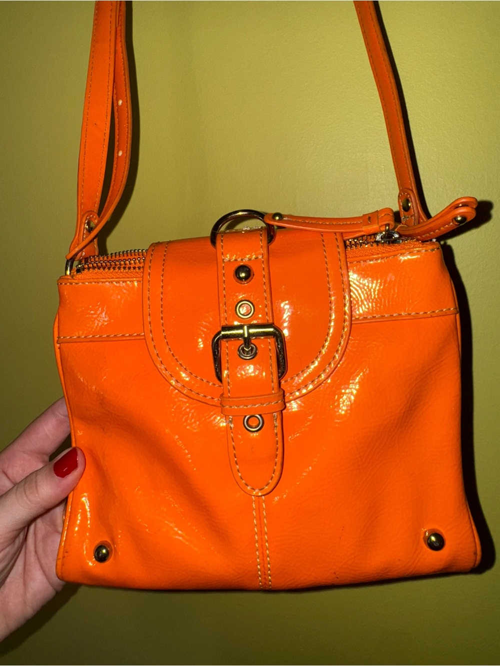 Vintage Y2K Neon Orange Patent Leather Shoulder Bag Purse 90s Statement